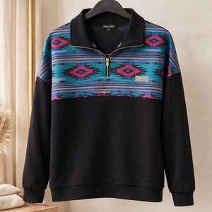 Simply Southern Black V-Neck Pullover with Teal & Magenta Aztec Panel